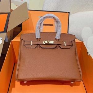 Brown Leather Satchel with Gold Hardware birkin inspired